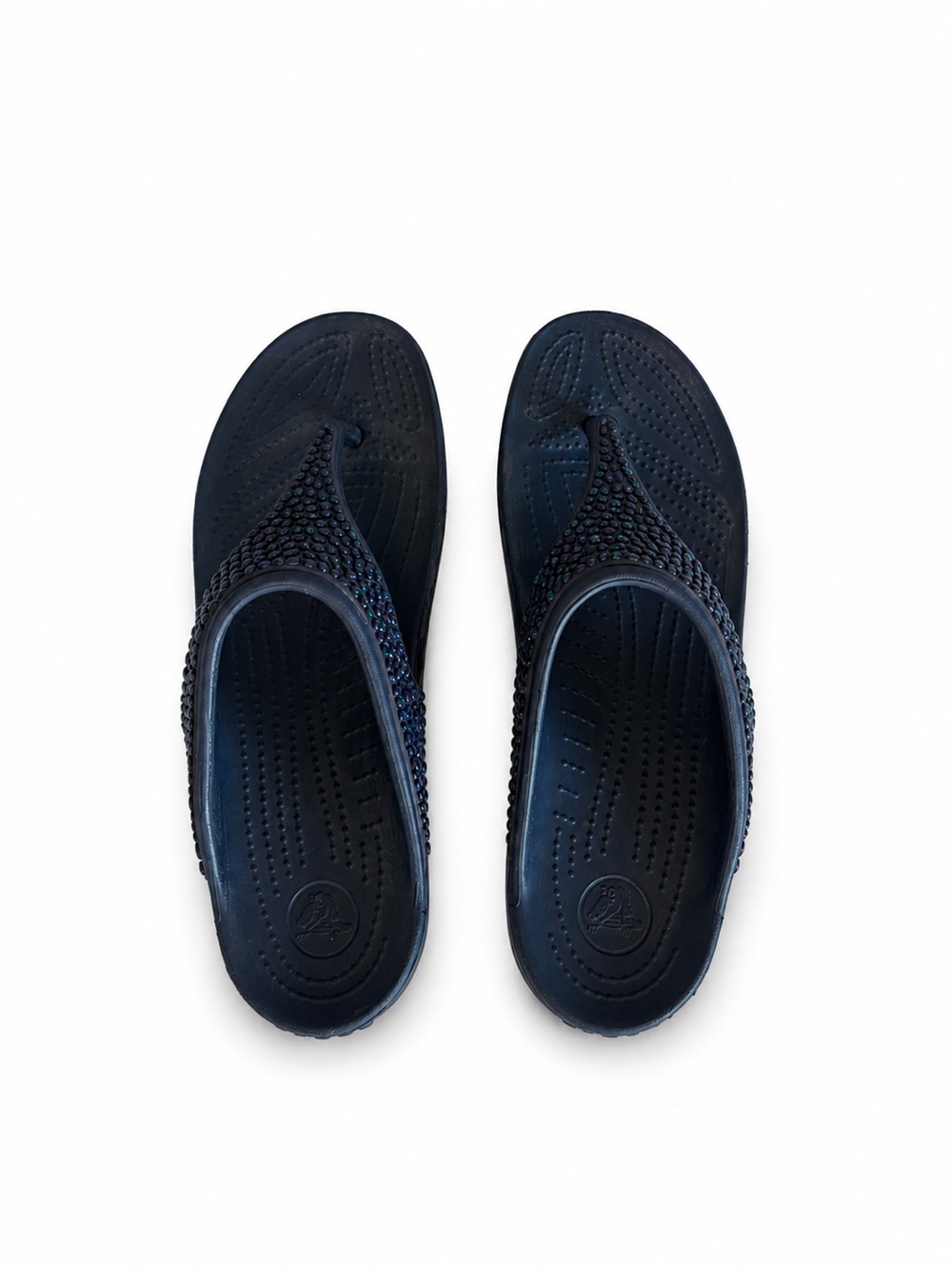 CROCS Navy Blue Platform Flip Sandals with Iridescent Embellishments - Picture 6 of 10